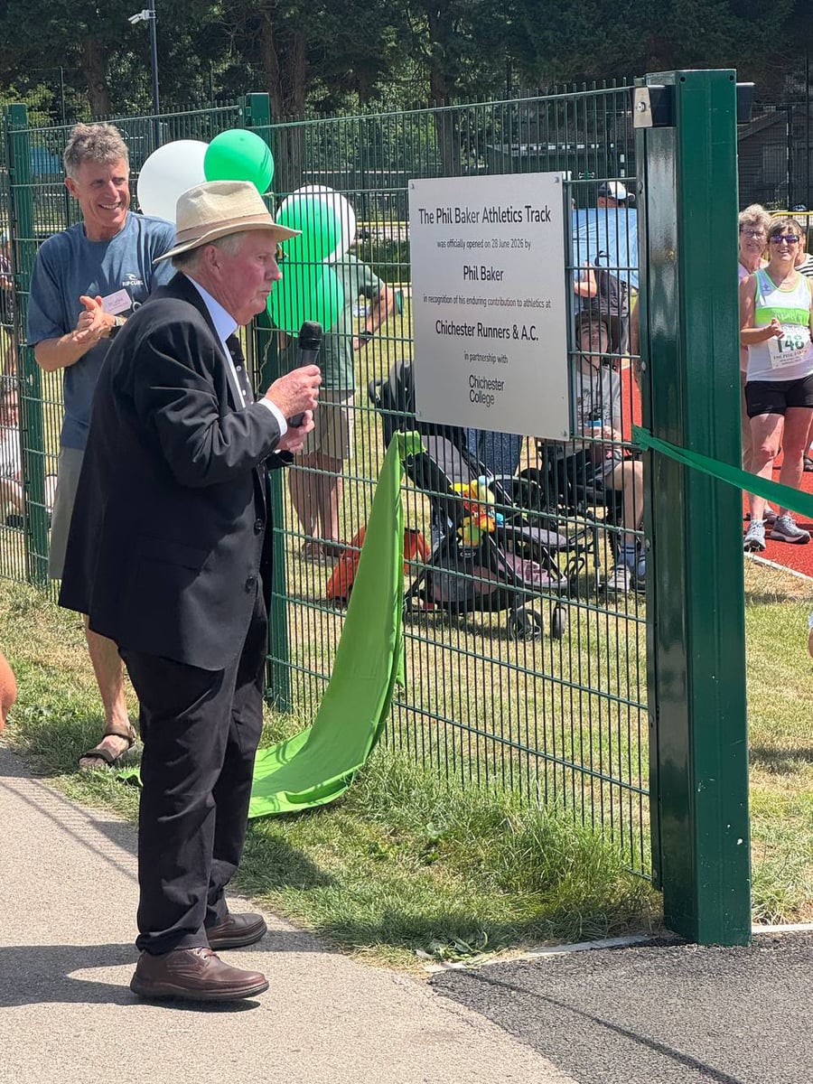 Phil Baker speaking at the official opening of the Phil Baker Athletics Track